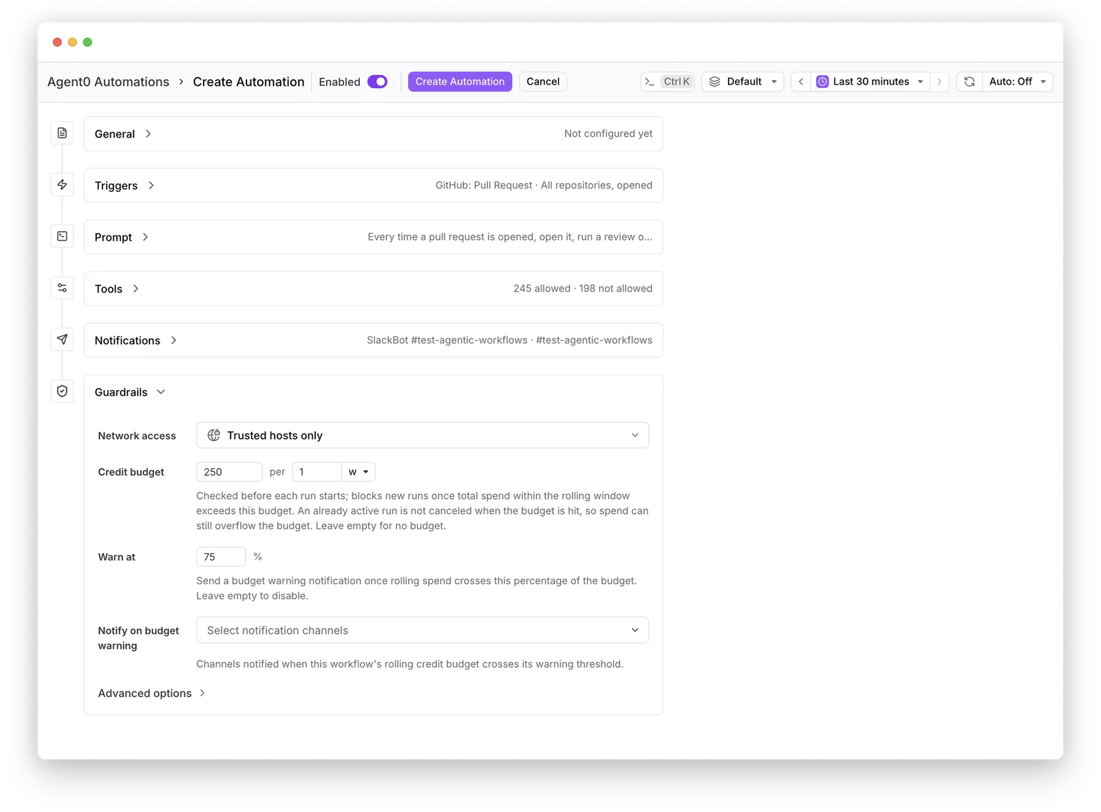 The Create Automation screen. A trigger (GitHub pull request opened), a prompt, notifications to Slack, and a Tools row reading “245 allowed · 198 not allowed”. The Guardrails section is expanded: network access set to “Trusted hosts only”, a credit budget of 250 per week, and a warn-at threshold of 75% — capability shipping with the controls around it.