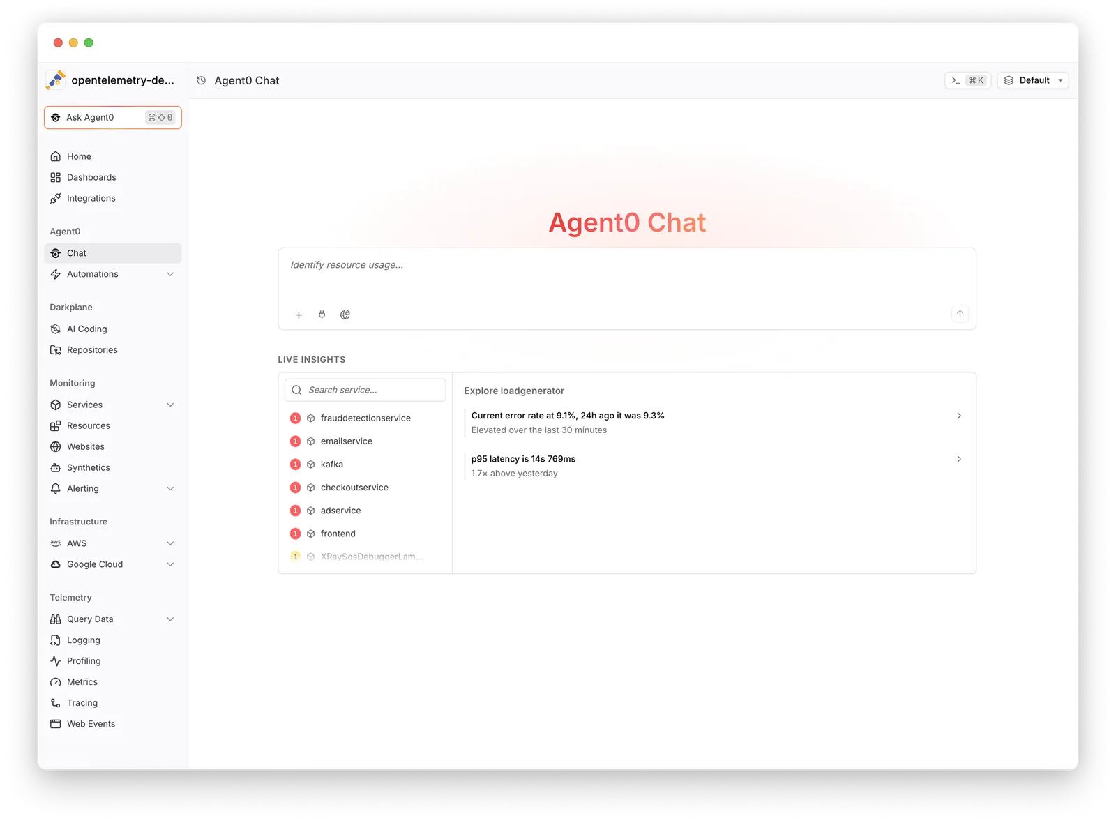 The Agent0 Chat home. The prompt box sits empty, and below it a Live Insights panel has already done the asking: a list of services each carrying a flag count, and for the selected one, findings waiting to be read — “Current error rate at 9.1%, 24h ago it was 9.3%” and “p95 latency is 14s 769ms, 1.7× above yesterday”.