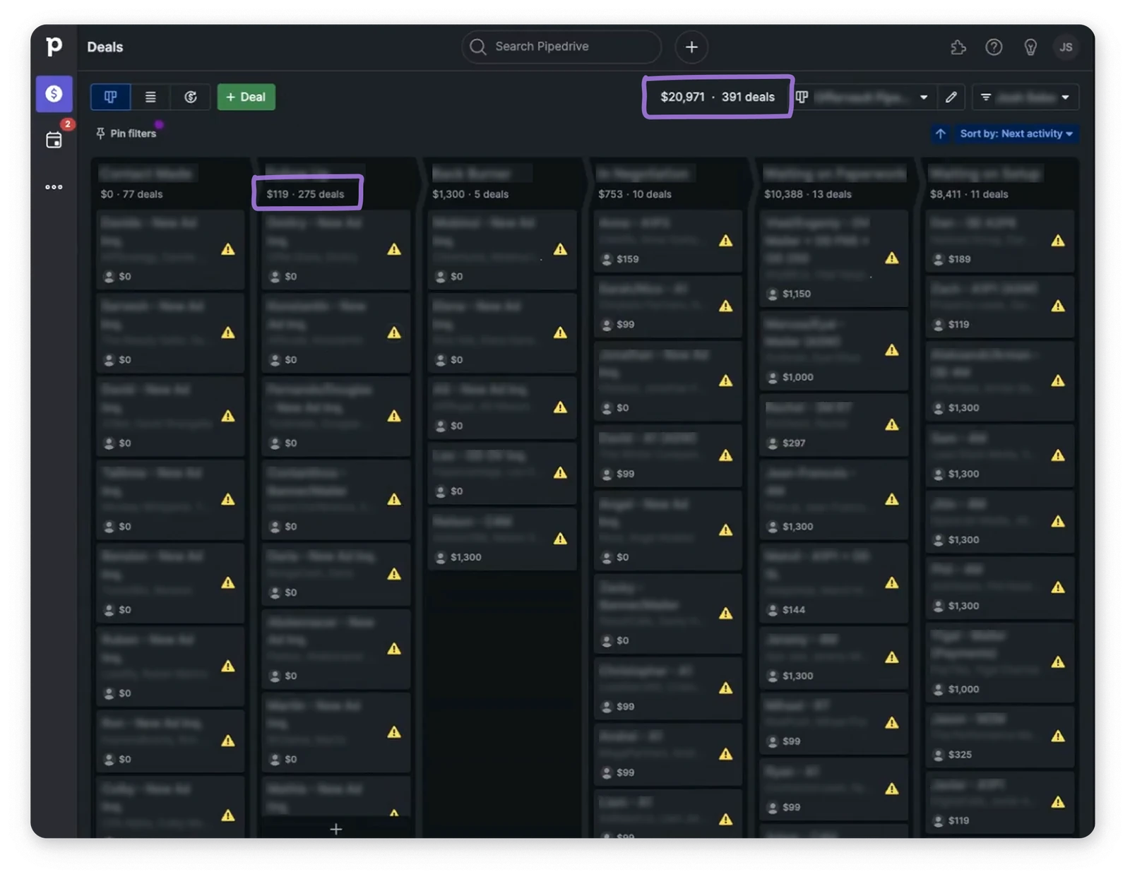 A Pipedrive deals board carrying 391 deals worth $20,971, deal names blurred out. Two figures are circled: the pipeline total, and a single column holding 275 of the deals at $119 — the backlog a rep was screenshotting to keep their place in.