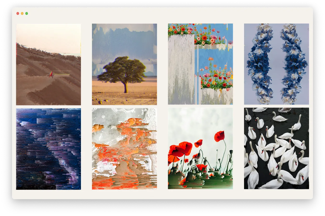 A grid of eight finished glitch pieces — landscapes and surfaces pixel-sorted into horizontal streaks and bands, ranging across pink, blue, grey and desert tones.