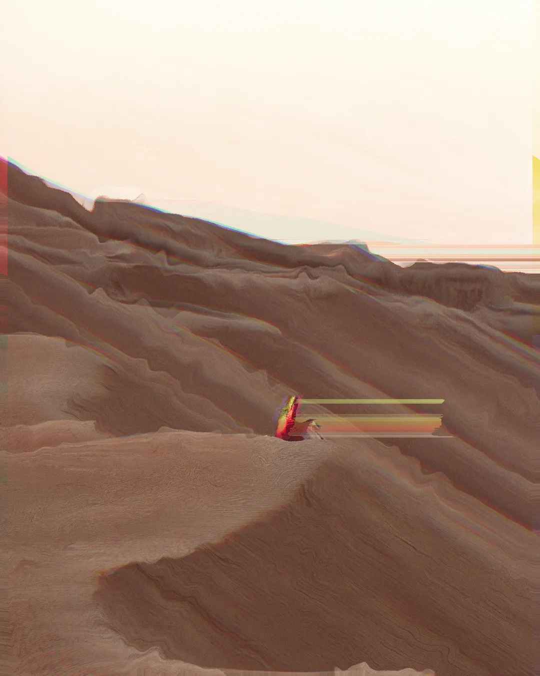A finished glitch piece: rippling desert dunes rendered in soft pink and grey, pixel-sorted into long horizontal streaks, with a single small red figure standing alone far down the slope.