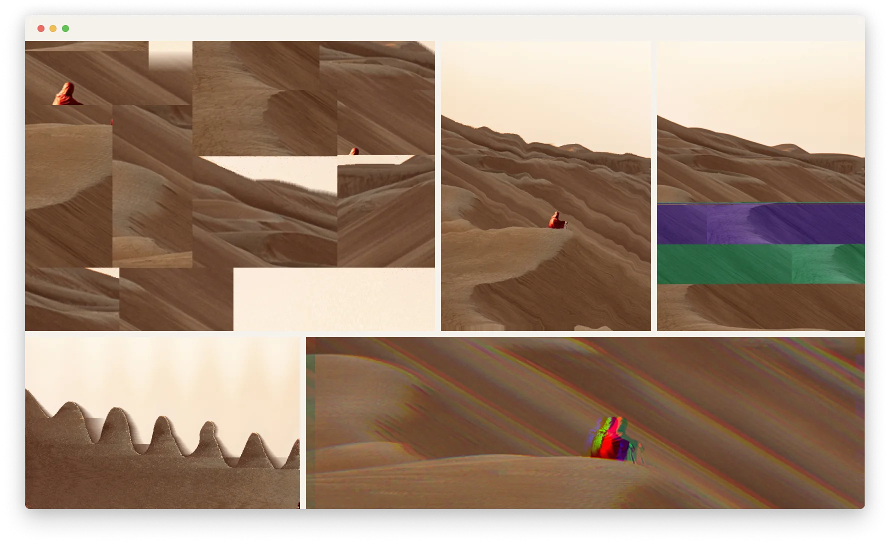 Three panels of the machinery behind the work: a written recipe of glitch operations, a map dividing a source photograph into regions and structure, and a sweep of variations of one image fanned out across a grid.