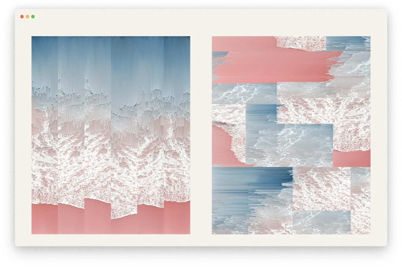 Two glitch pieces side by side, a matched pair: pink surf on the left, blue surf on the right, both pixel-sorted into horizontal ribbons where the wave breaks.